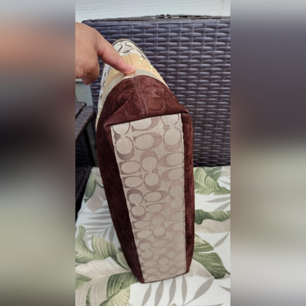 COACH Signature Patchwork East west Bucket  Tote Khaki & Brown - Picture 12 of 14